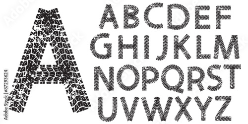Vector alphabet letters made from motorcycle tire tracks, isolated on white