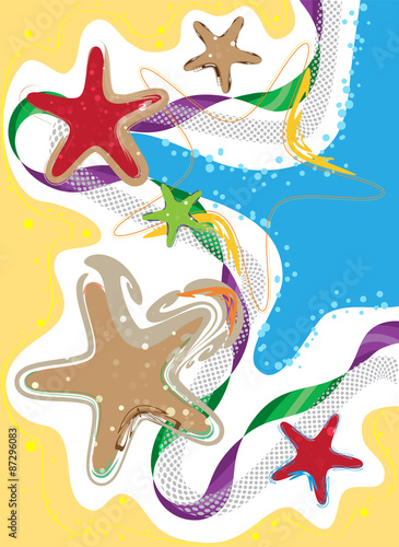 Coastline, Seaside and Starfish, colored stylized composition