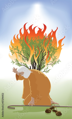 Moses Bent Down infront of the Burning Bush as God Speaks