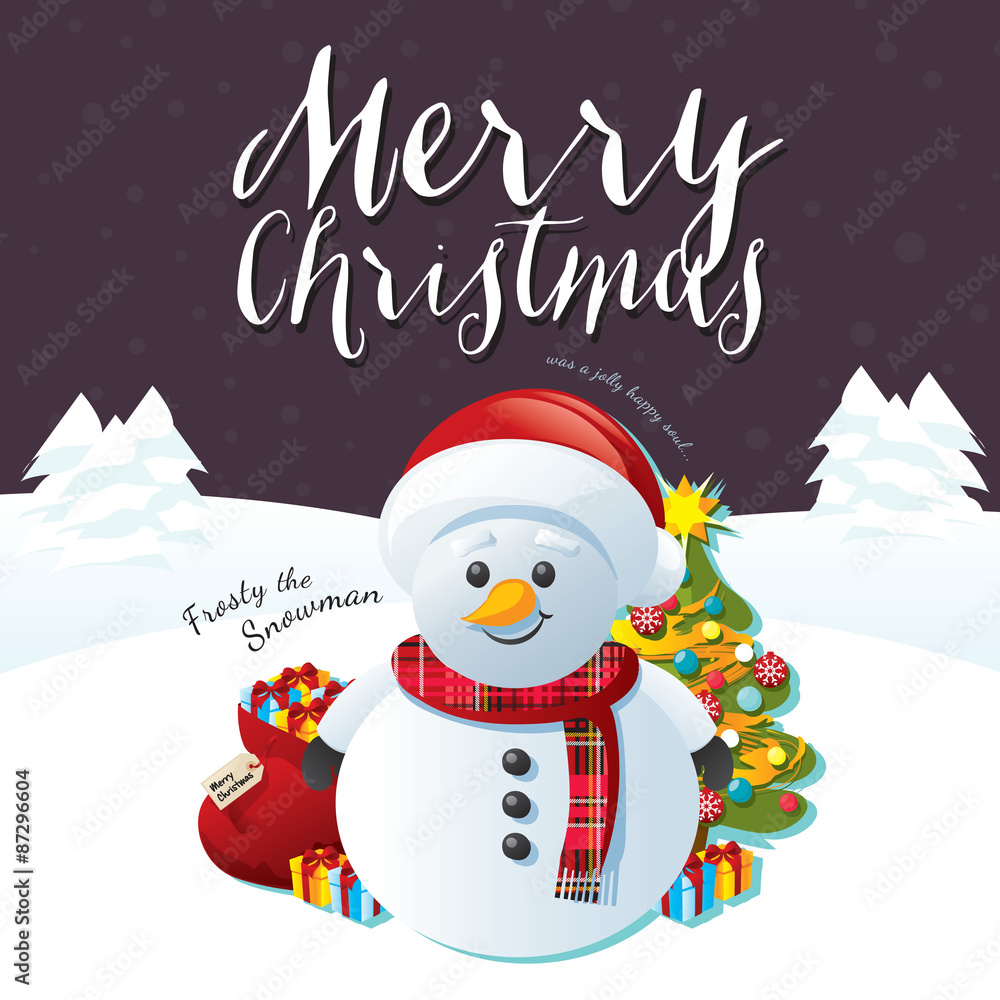 Merry Christmas Snowman on a Purple Background Merry Christmas Snowman on a Purple Background