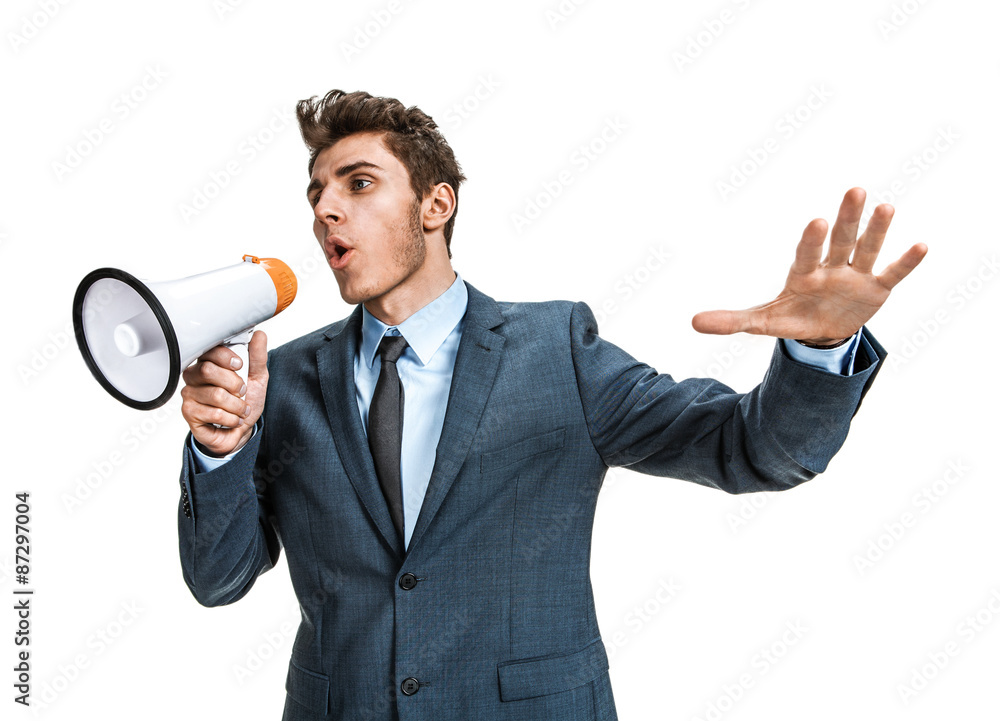 Dissatisfied manager screaming into a megaphone Dissatisfied manager screaming into a megaphone