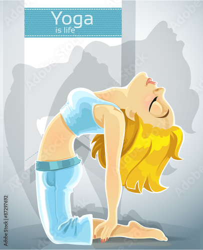 cute blond girl in a yoga pose of camel. Bonus - poster for your