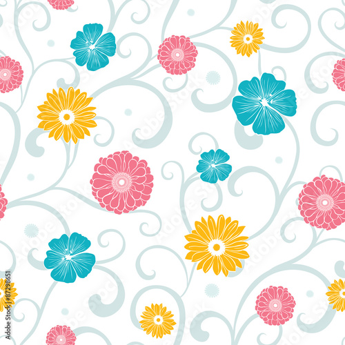 Vector Colorful Flowers on Swirly Braches Seamless Pattern