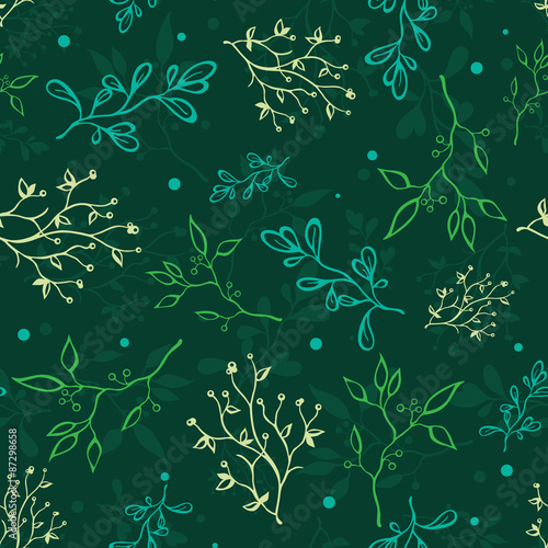 Vector Dark Green Spring Braches Drawing Seamless Pattern