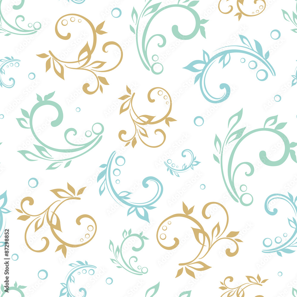 Vector Vintage Green Blue Beige Floral Swirls Seamless Pattern