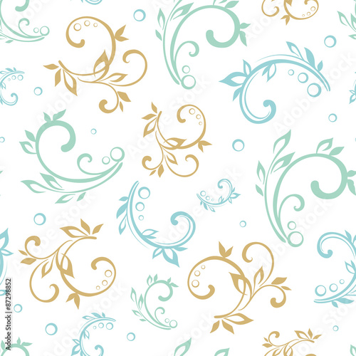 Vector Vintage Green Blue Beige Floral Swirls Seamless Pattern
