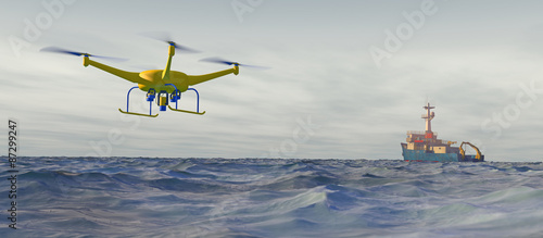Fotografie High quality 3D render of a UAV drone flying over water to a distant ship