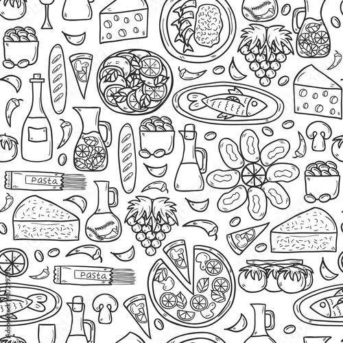 Seamless background with cute hand drawn cartoon objects on