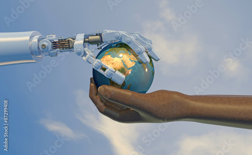 High-quality 3D render of a robot hand giving a globe to a human hand. Blue sky backdrop, focused on the Africa and the Middle East.(Earth texture from NASA - earthmap http://visibleearth.nasa.gov) photo