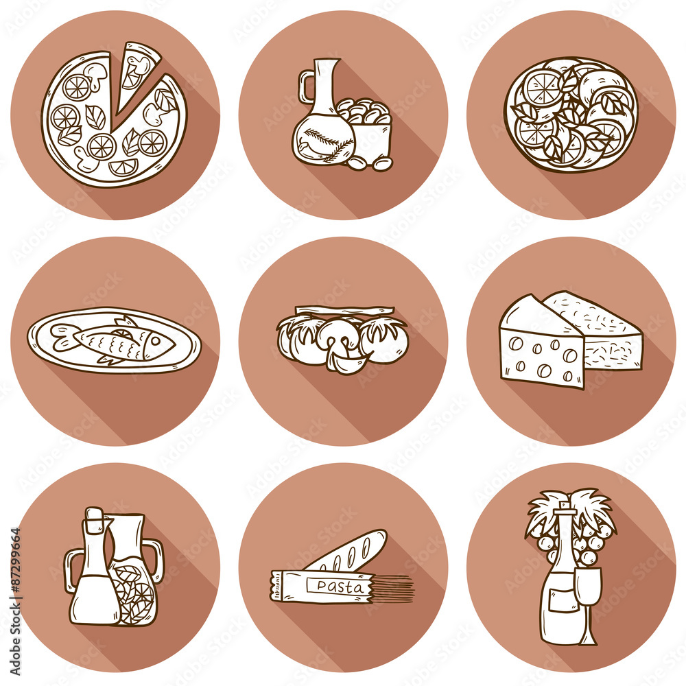 Set of cute hand drawn cartoon shadow objects on mediterranean Set of cute hand drawn cartoon shadow objects on mediterranean