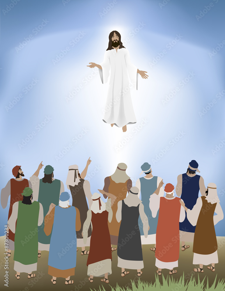 Vector illustration of Jesus ascends back to Heaven as the apostles ...
