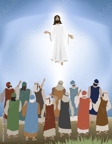 Vector illustration of Jesus ascends back to Heaven as the apostles look on.