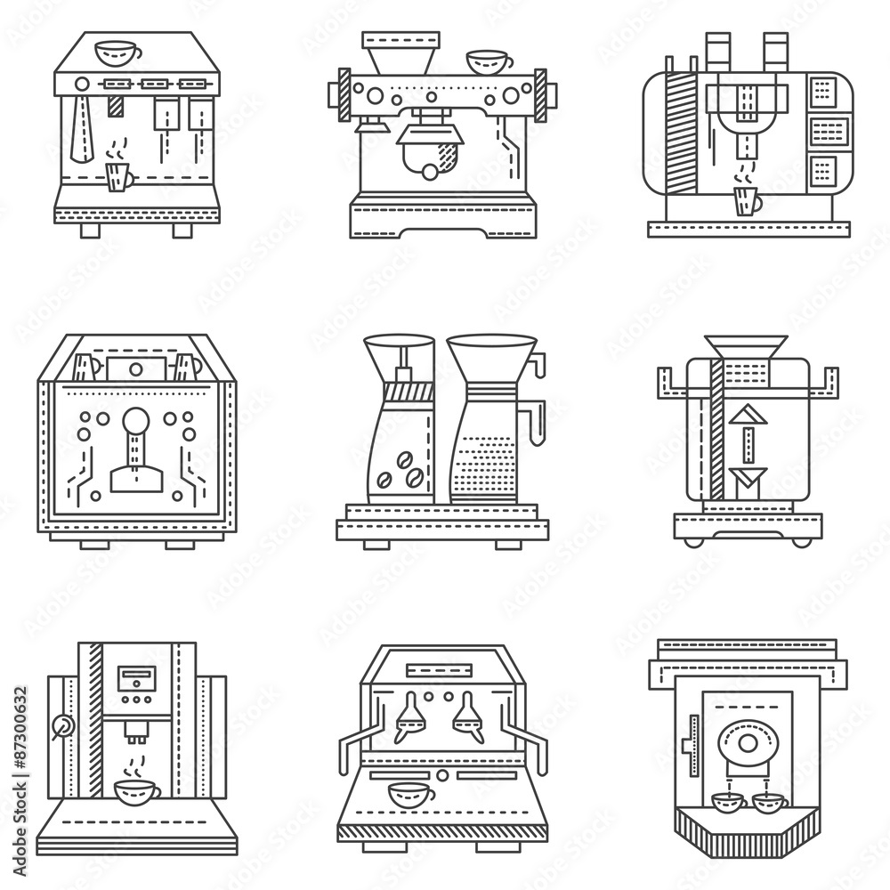 Professional coffee machines flat line vector icons