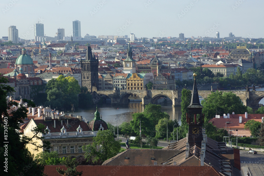 view of bridges on the Vltava river and of the historical center of Prague