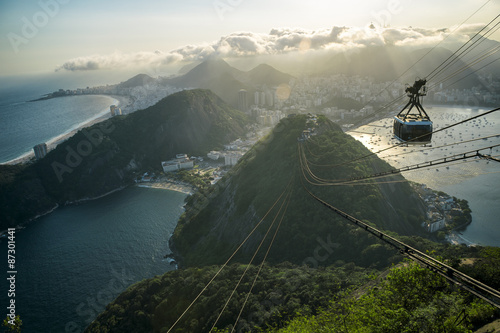 Sunset view of Sugarloaf Pao de Acucar Mountain Rio de Janeiro Brazil cable car city skyline