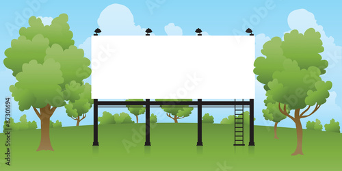 A cartoon blank billboard with plenty of copyspace outside in daytime surrounded by summer trees.