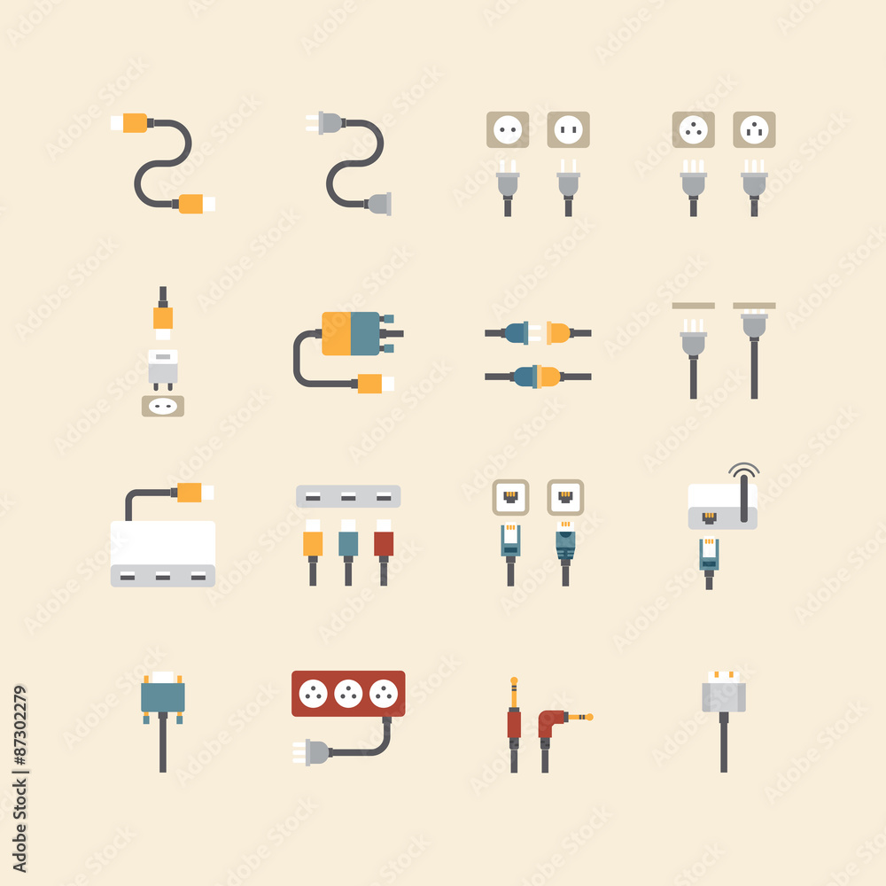 vector linear web icons set - cable wire computer and electricit vector linear web icons set - cable wire computer and electricit