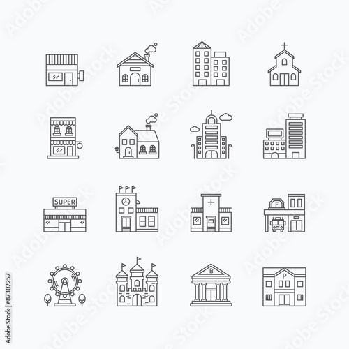 vector linear web icons set - buildings collection of flat line