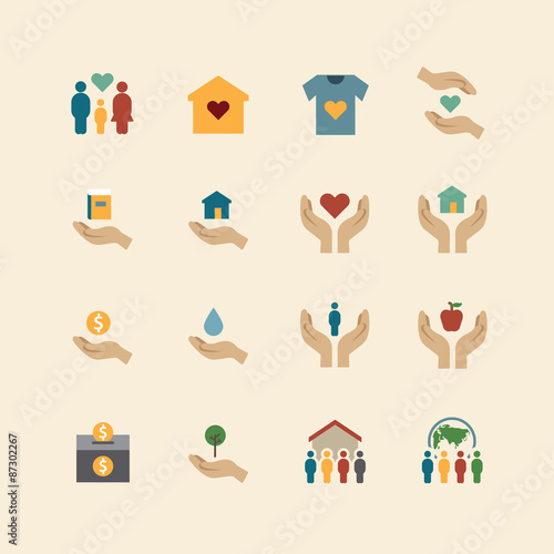 charity and donation silhouette colour icons flat line design 