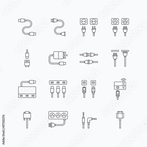 vector linear web icons set - cable wire computer and electricit