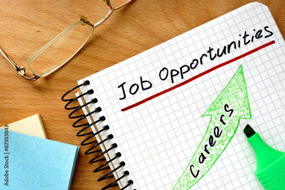 Note with words job opportunities on a wooden background. Note with words job opportunities on a wooden background.