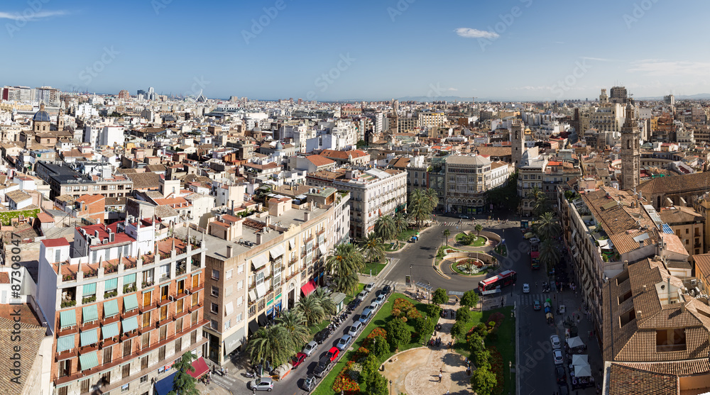 Valencia aerial skyline with Plaza de la Reina at Spain. View on the city from Belltower.