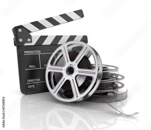 Cinema clap and film reel, over white background.