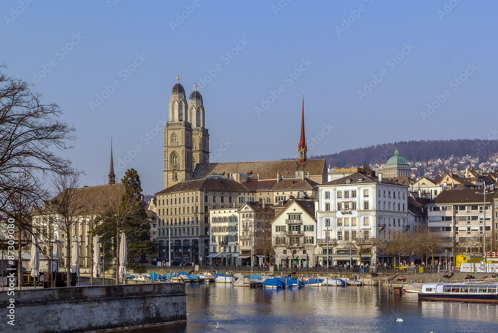 Fototapeta premium view of embankment of Limmat river, Zurich