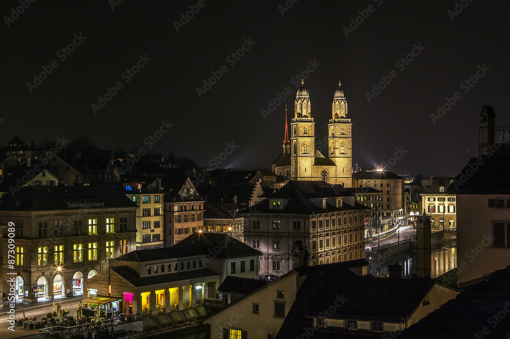 view of Zurich with Grossmunster church in evening, Switzerland
