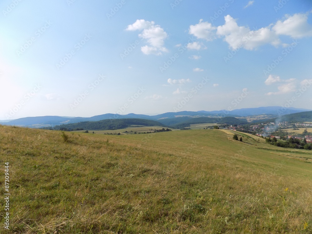 Meadow, village, forests and sky