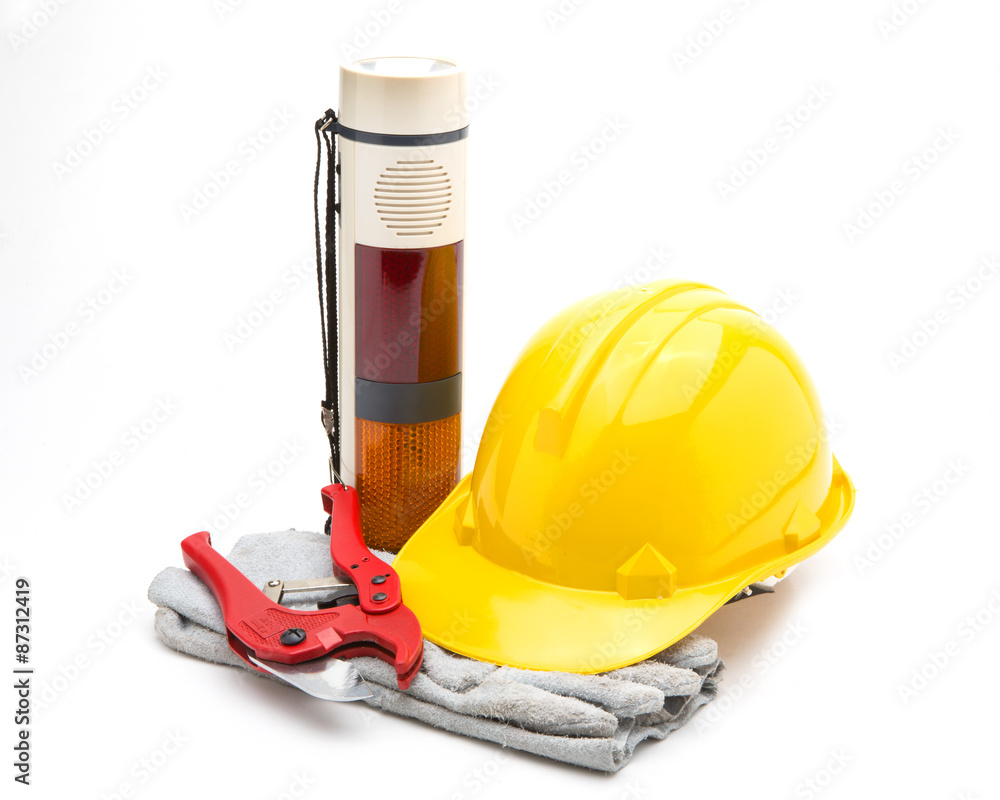 Construction tools on white background. Arrangement of hard hat, Construction tools on white background. Arrangement of hard hat,
