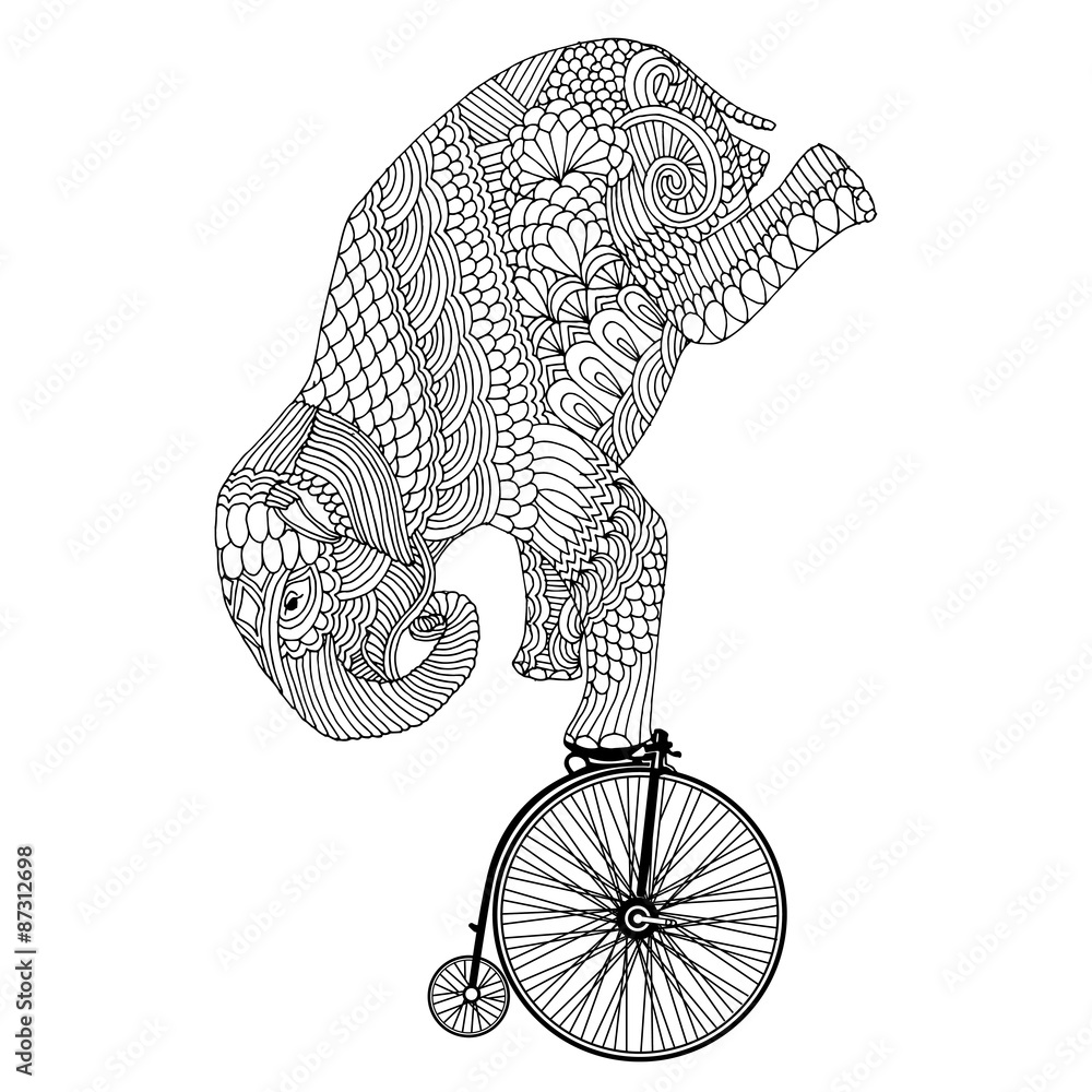 Fototapeta premium Stylized fantasy patterned elephant on vintage bicycle