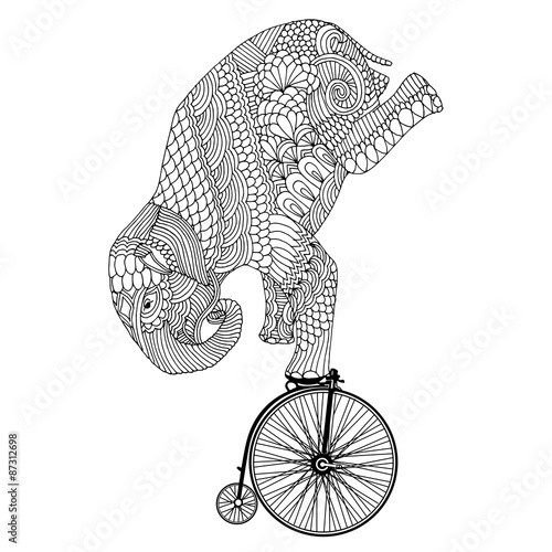 Stylized fantasy patterned elephant on vintage bicycle 