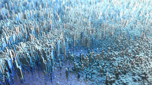 3D render of an abstract Landscape made of tiny cubes