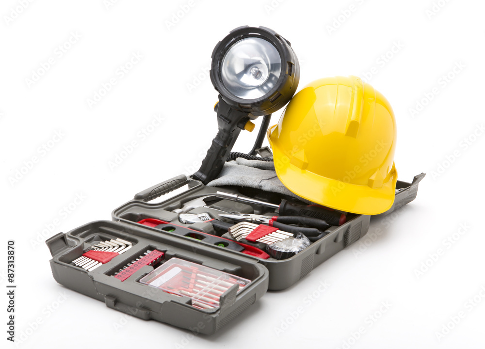 Fototapeta premium construction equipment hat ,hammer flashlight on a white background