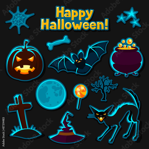 Happy halloween sticker set with characters and objects