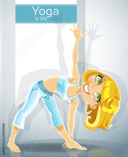 Blond girl in yoga pose Trikonasana Utthita. Bonus - poster for