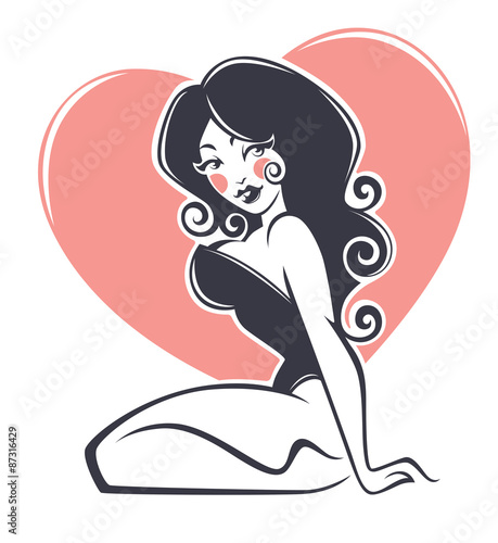 sexy pinup girl on heart shape background, vector greeting card