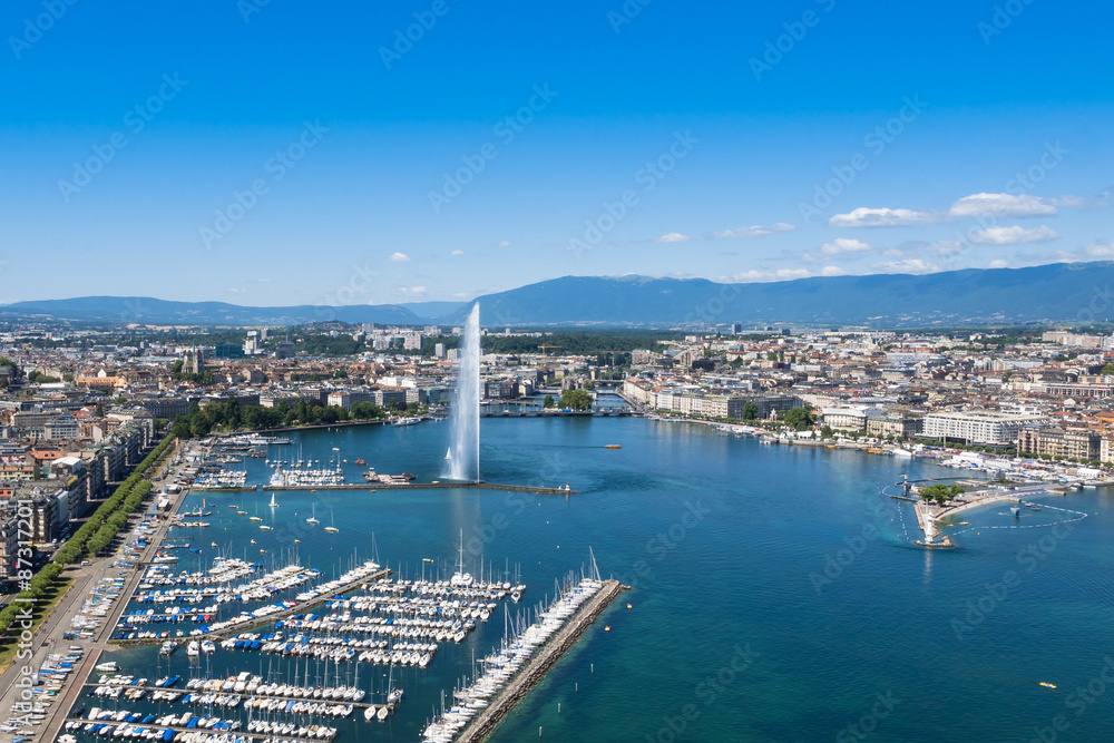 Aerial view of Leman lake -  Geneva city in Switzerland