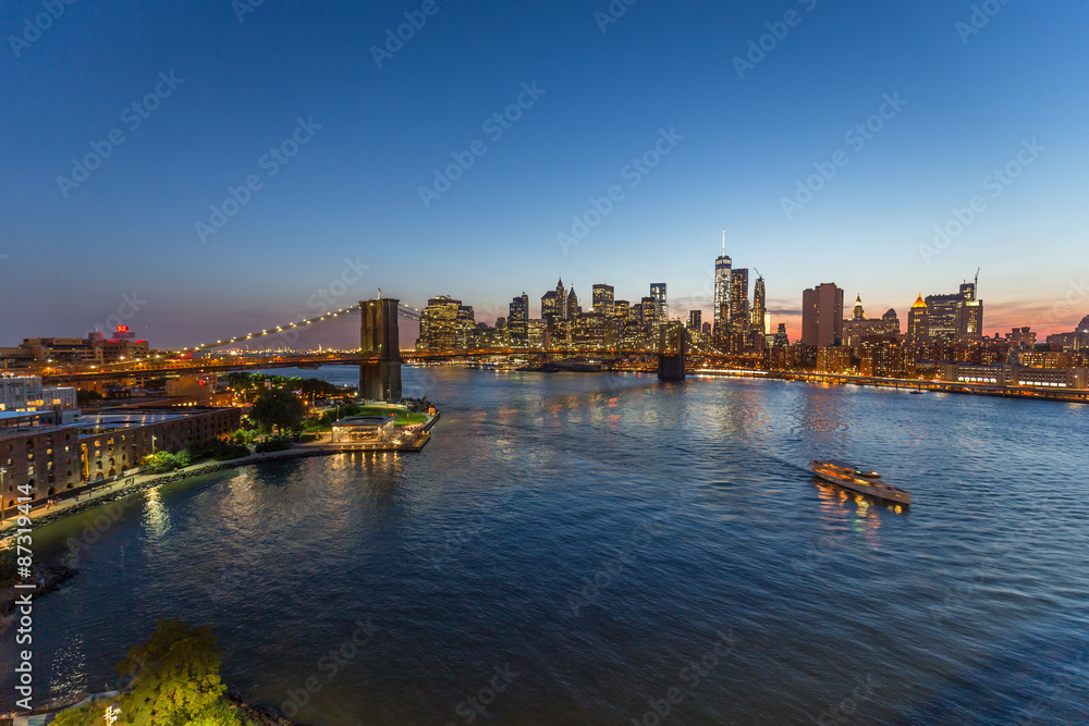 New York City Brooklyn Bridge buildings evening sunset skyline