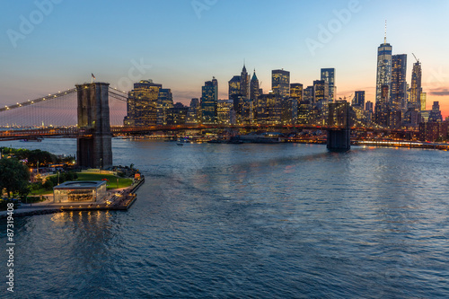 New York City Brooklyn Bridge buildings evening sunset skyline