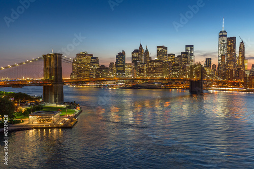 New York City Brooklyn Bridge buildings evening sunset skyline