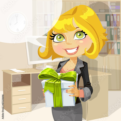 Business lady in morning office gives a gift from the company