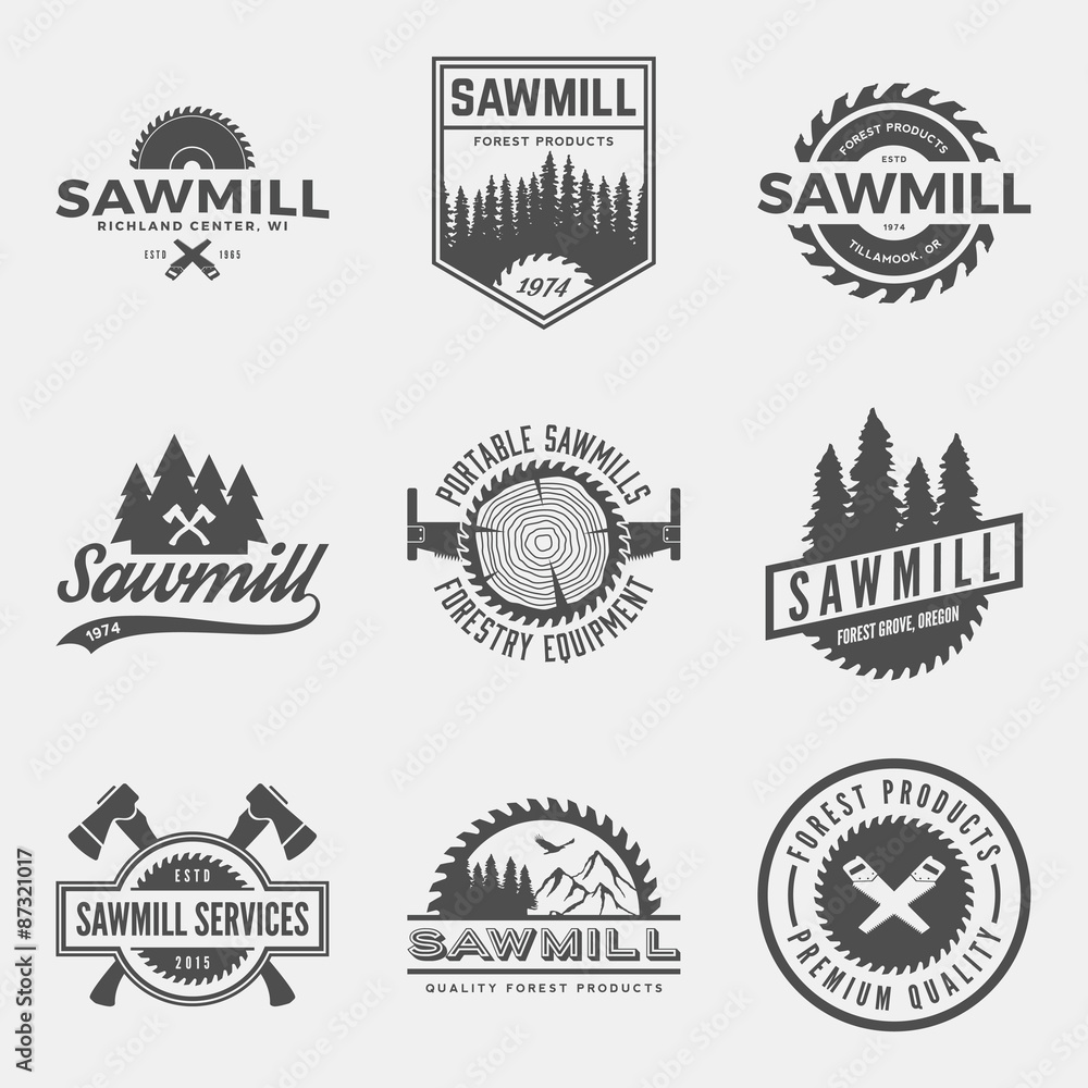 vector set of sawmill labels, badges and design elements vector set of sawmill labels, badges and design elements