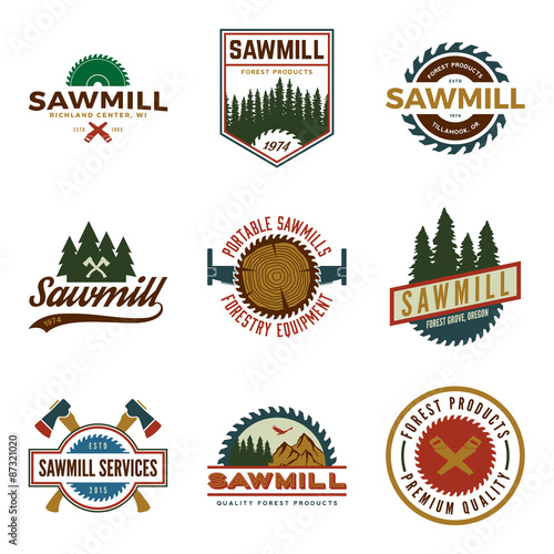 vector set of sawmill labels, badges and design elements