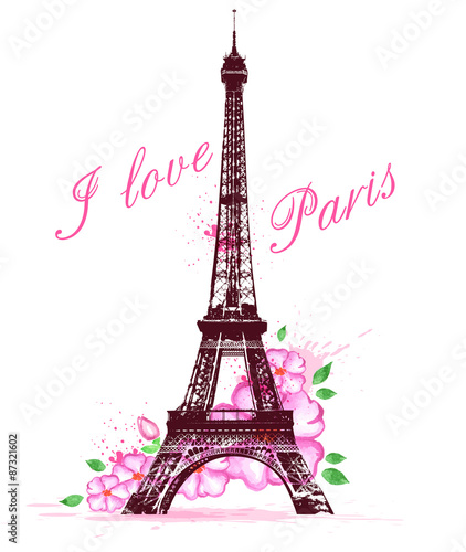 Pink watercolor flowers and Eiffel Tower © artspace