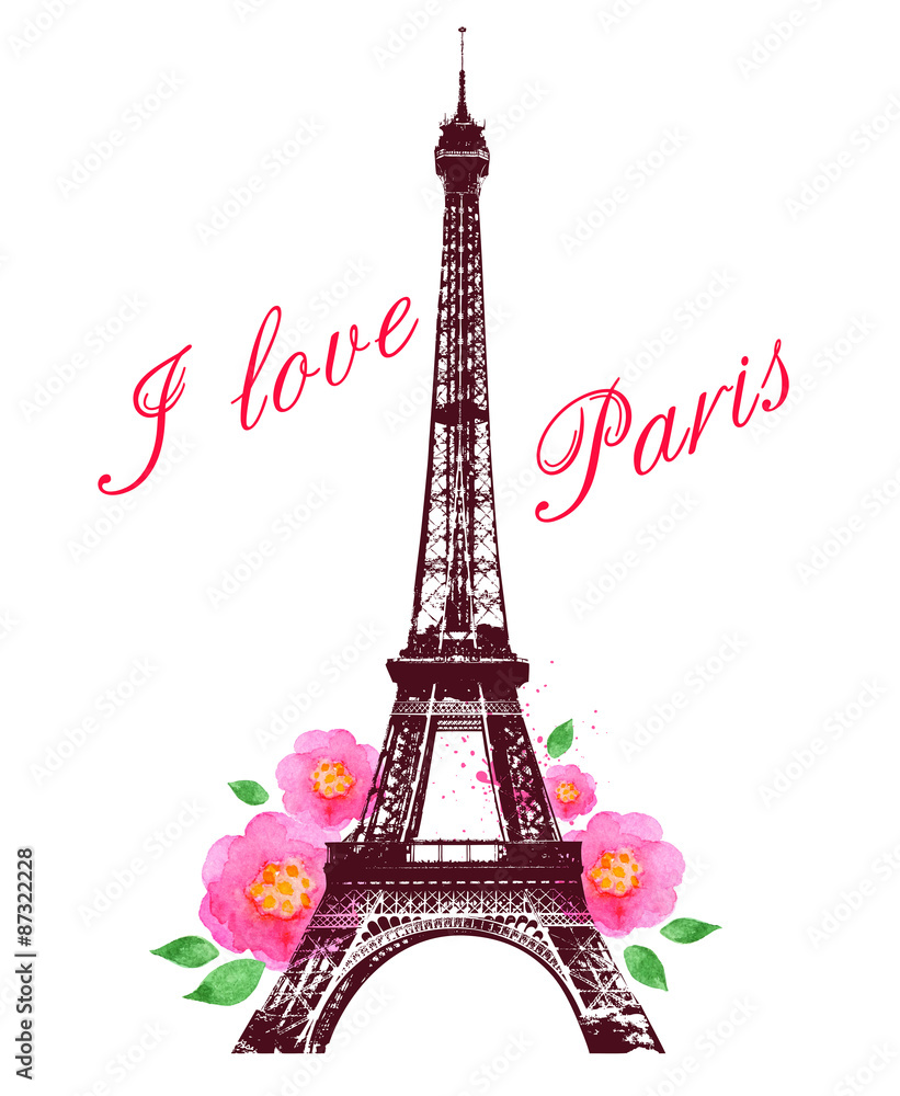 Watercolor roses and Eiffel Tower