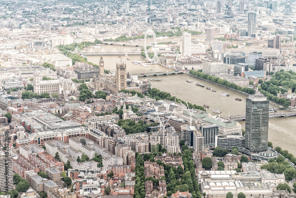 London aerial view of Westminster area and Thames river