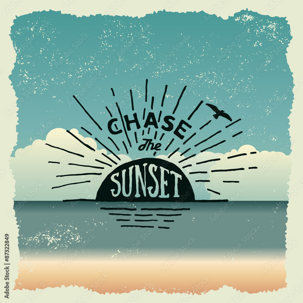 Obraz premium hand drawn typography poster with sun and flying bird. chase the