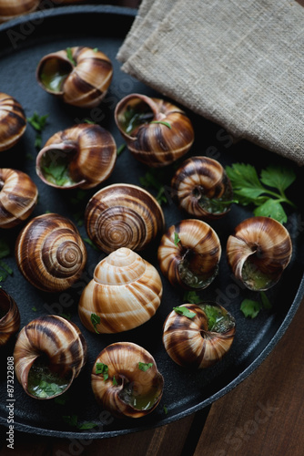 Baked bourgogne snails with garlic butter and parsley, close-up